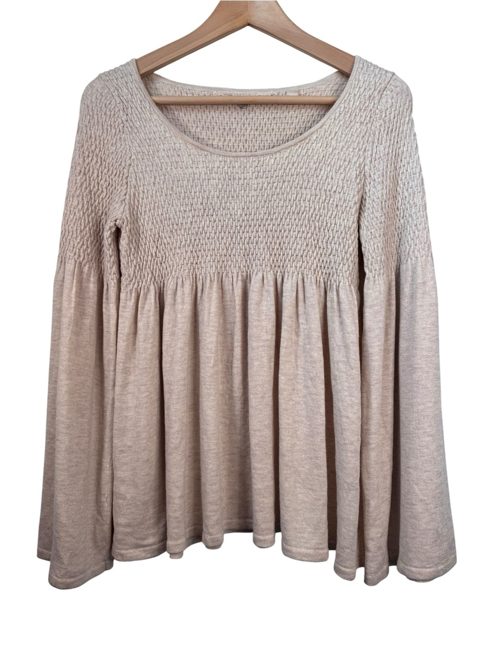 Knitted & Knotted Anthropologie Esme Babydoll Sweater Small Bell Sleeve Neutral